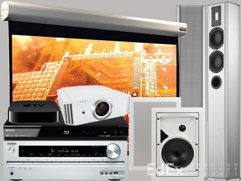 Оборудование для домашнего кинотеатра в гостиной уровня Hi-Fi - среднего ценового диапазона.